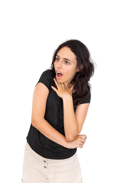 Photo surprised and shocked girl isolated on white emotional pretty brunette