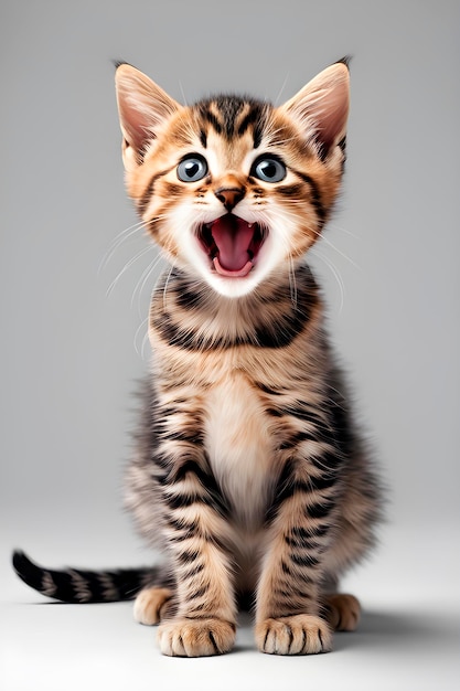 surprised striped kitten with open mouth