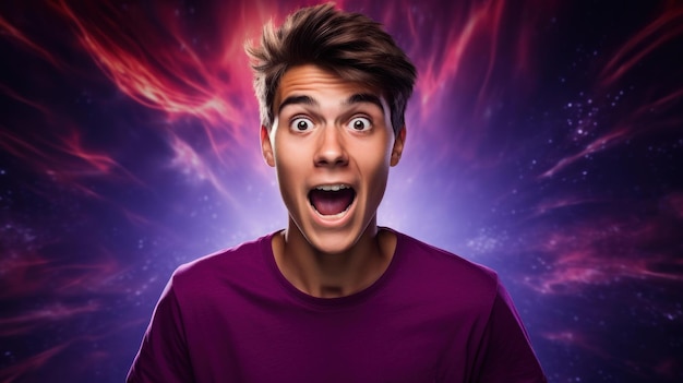 Удивленный подросток в красном глубоком фиолетовом настроении фото высокого разрешения