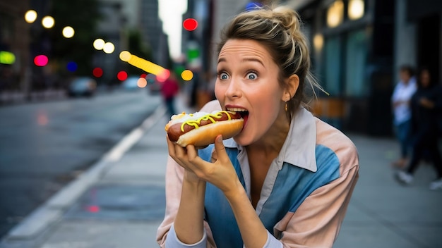 Удивленная женщина ест хот-дог.