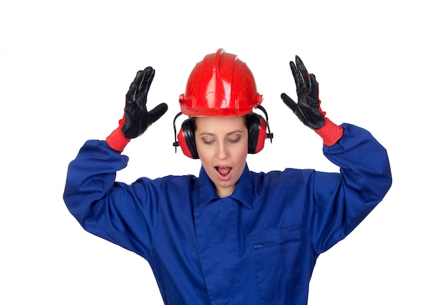 Surprised woman industrial worker isolated on white background