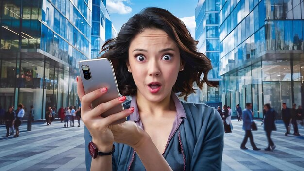 Surprised woman using smartphone