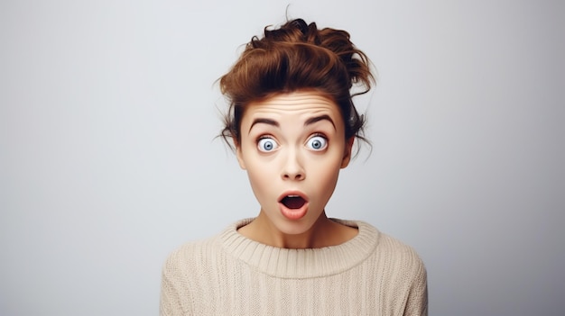 Photo surprised woman with big eyes isolated on the minimalist background