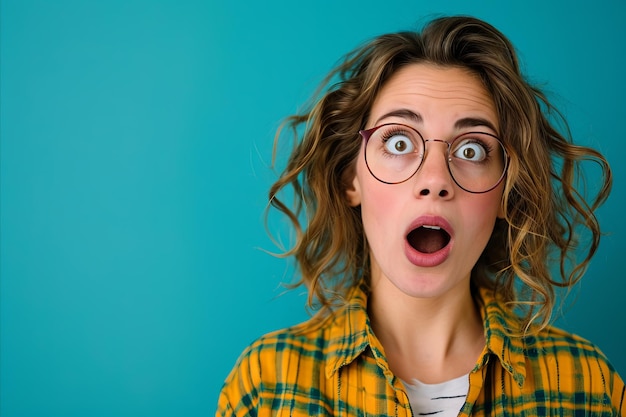 Surprised woman with glasses on blue background