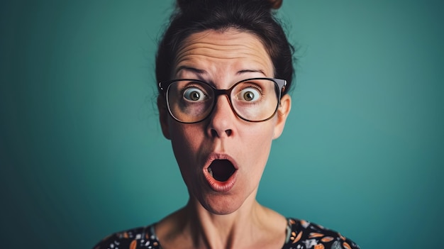 Surprised woman with glasses and open mouth on blue background