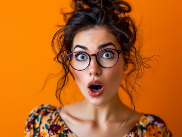 Surprised woman with glasses on an orange background