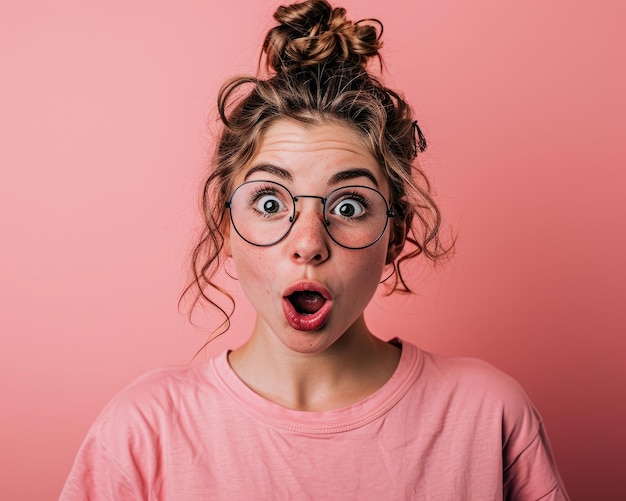 Surprised woman with glasses on pink background