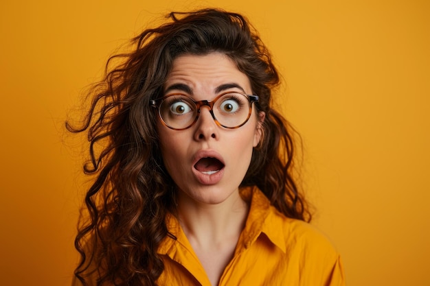 Surprised woman with glasses on yellow background