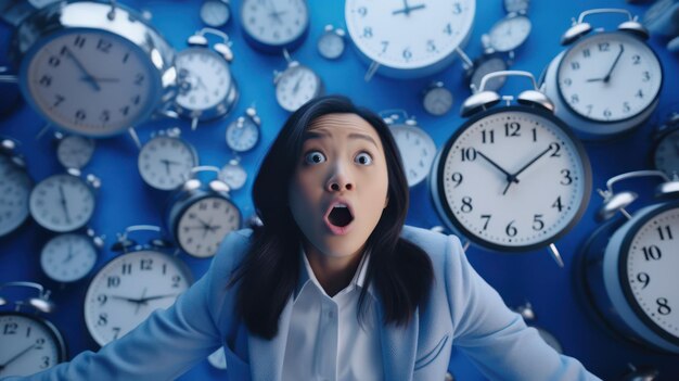 A surprised woman with numerous clocks floating around her time pressure or deadline concept