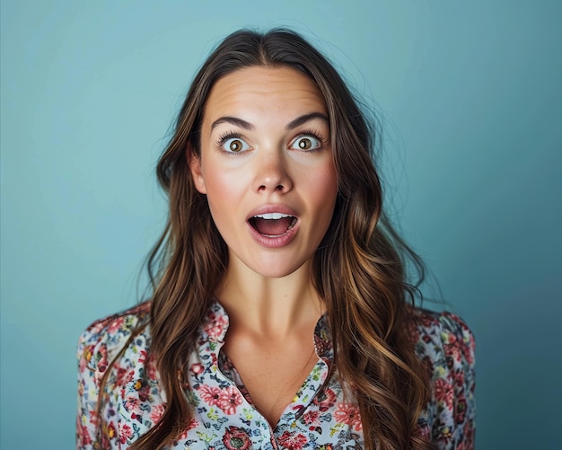 Surprised woman with open mouth on blue background