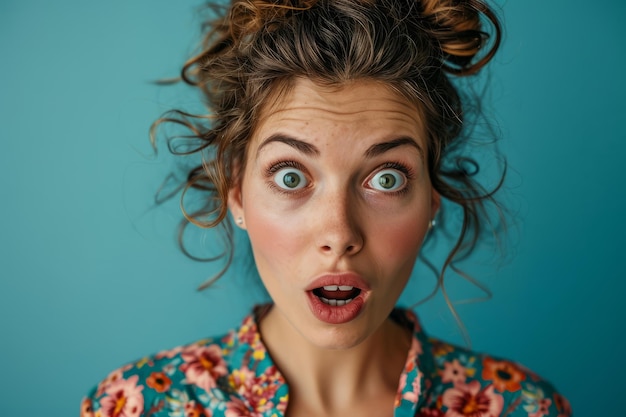 Surprised woman with open mouth looking at camera on blue background