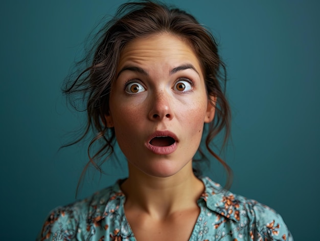 Surprised woman with open mouth looking surprised on blue background