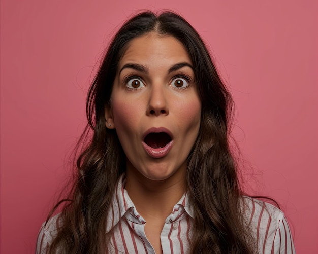 Surprised woman with open mouth on pink background