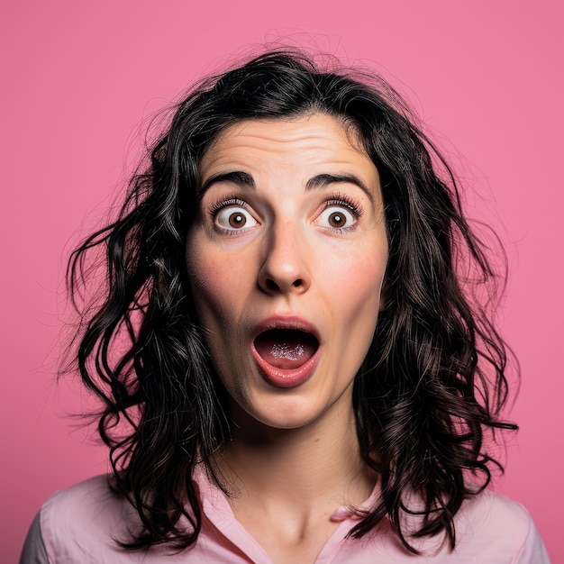 Surprised woman with open mouth on pink background