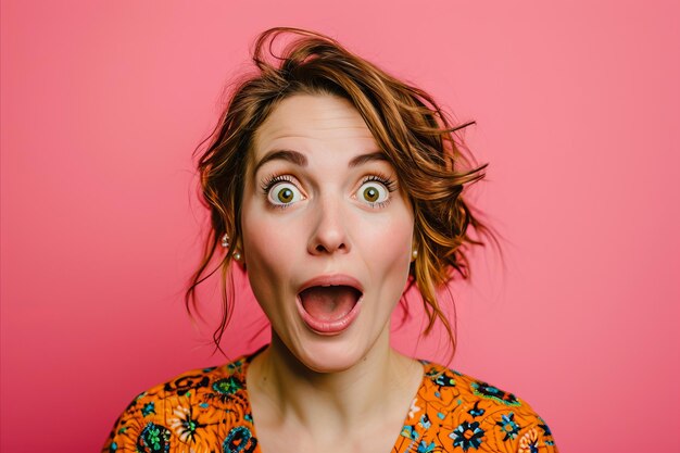 Surprised woman with open mouth on pink background