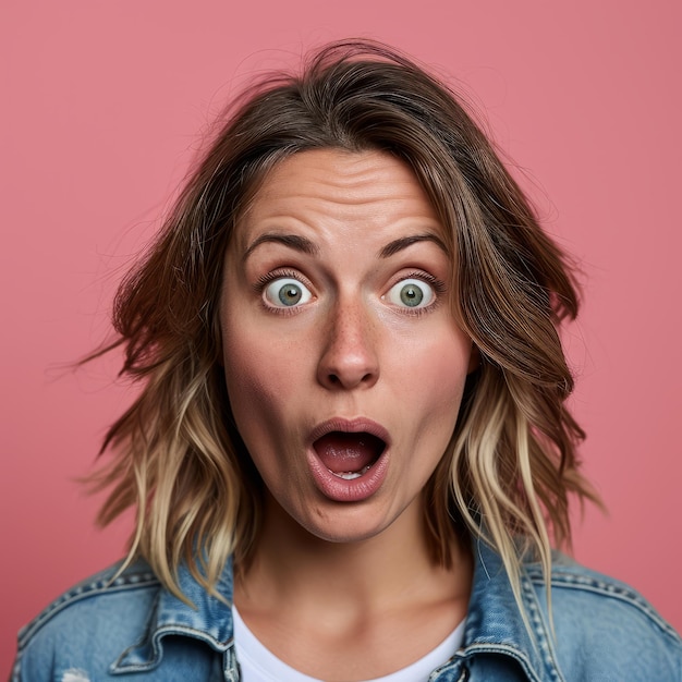 Surprised woman with open mouth on pink background