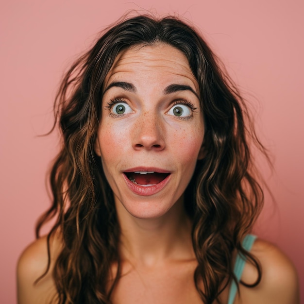 Surprised woman with open mouth on pink background