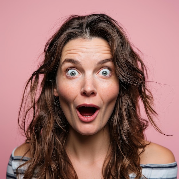 Surprised woman with open mouth on pink background