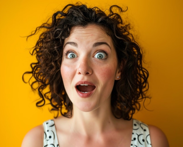 Photo surprised woman with open mouth on yellow background