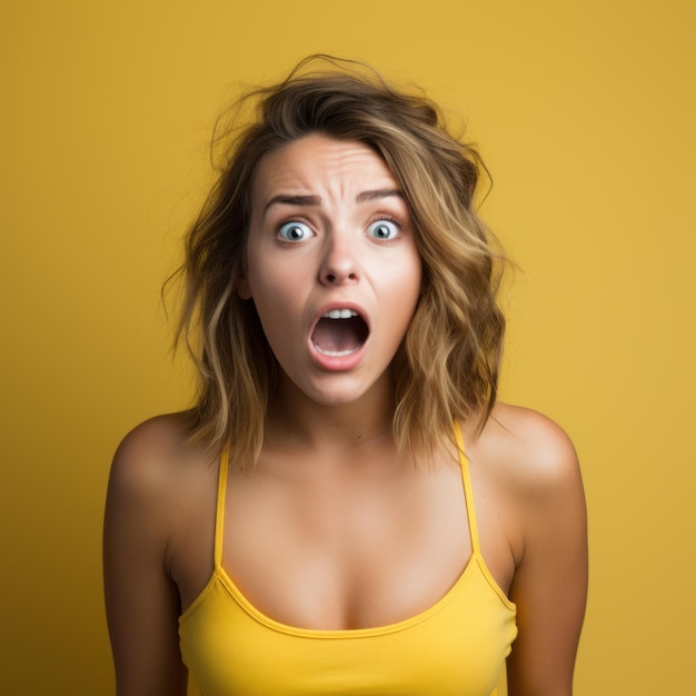 surprised woman with open mouth on yellow background