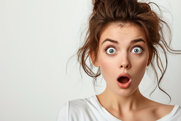 Photo a surprised woman with wide eyes on a white background