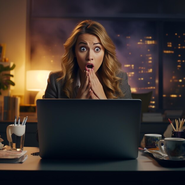 Surprised Woman Working on Laptop in the Office