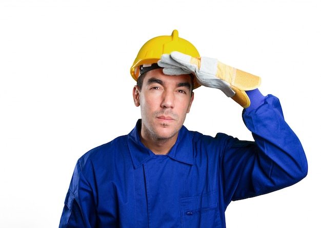 Surprised worker with search gesture on white background