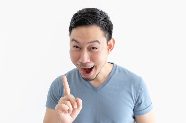 Surprised and wow face of Asian man in blue t-shirt