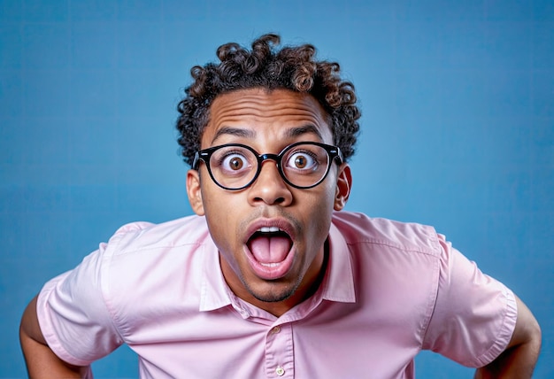 Surprised Young Black Man with Curly Hair and Glasses