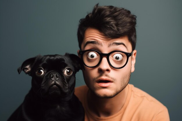 Surprised young man in glasses holding cute black pug dog owner staring at camera with impressed fac