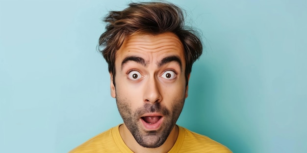 Photo surprised young man with wide eyes on blue background