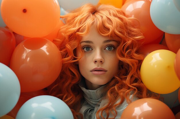 Surprised young woman in a bathtub with colorful balloons