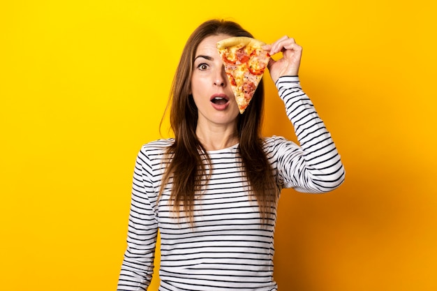 Surprised young woman covering her eyes with a slice of fresh pizza on a yellow