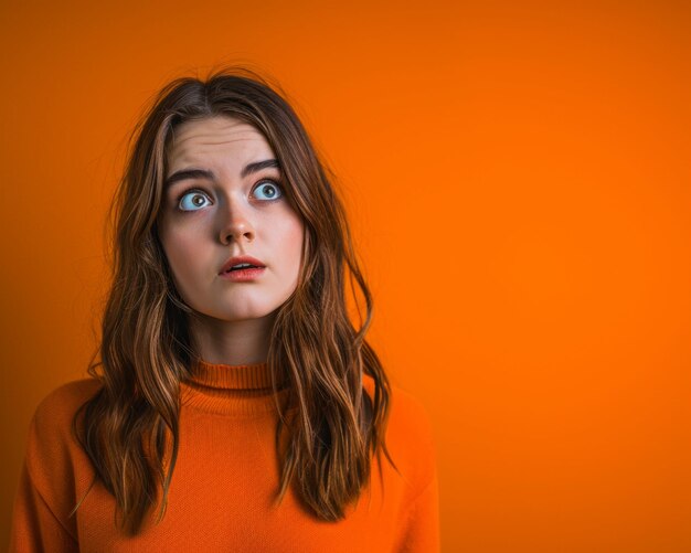 Surprised young woman looking up at camera on an orange background