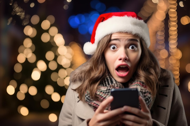 Surprised young woman in santa hat using mobile phone on christmas background