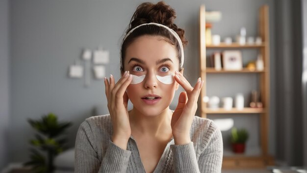 Photo surprised young woman wears moisturizing eye patches under eyes spends time at home has daily pam