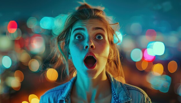 Surprised young woman with colorful bokeh lights