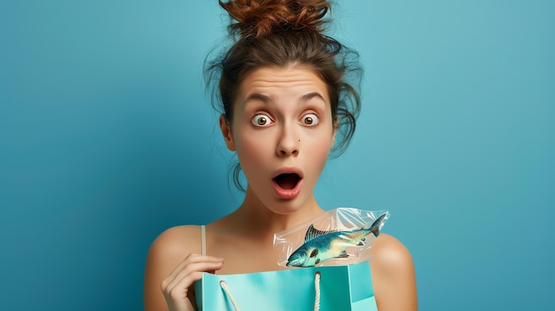 Foto giovane donna sorpresa con i capelli disordinati che apre una borsa blu con dei piccoli pesci dentro e guarda la telecamera con stupore