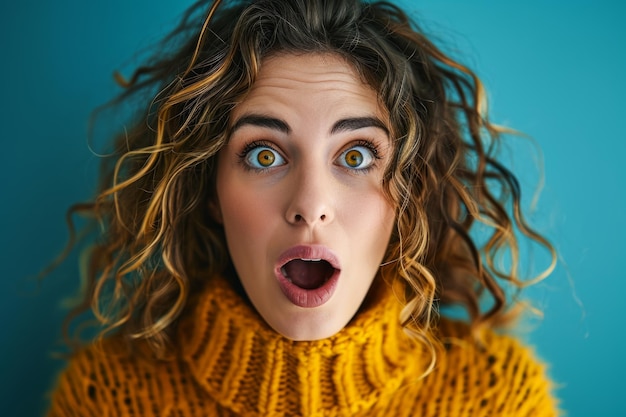 Surprised young woman with open mouth on blue background