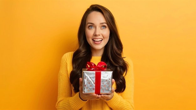 Surprised young woman with a shiny gift box