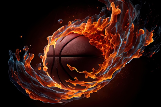 Surprising 3d illustration of fiery basketball ball flying to hoop on black background Generative Ai