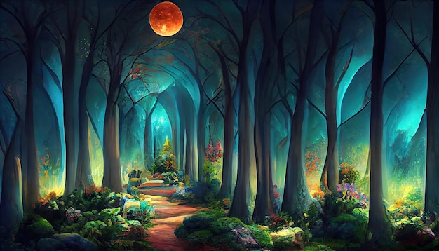 Surprising Bright full moon in dark fairy tale forest as wallpaper design Generative Ai