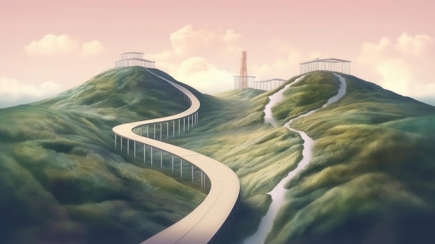 A surreal 2D illustration of a lost road in nature with a mysterious building in the background It symbolizes the uncertain and endless nature of life's journey