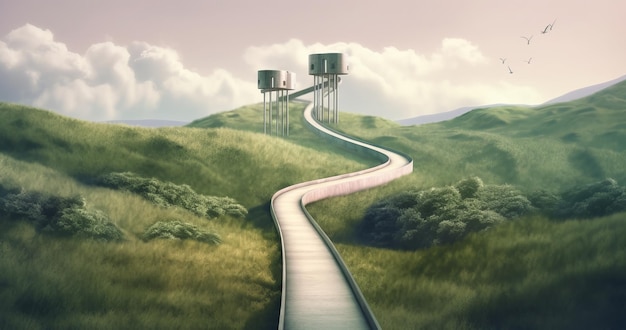 A surreal 2D illustration of a lost road in nature with a mysterious building in the background It symbolizes the uncertain and endless nature of life's journey