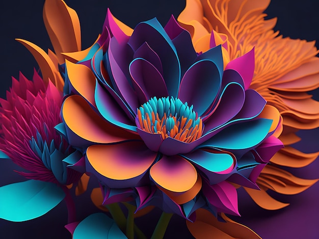 Сюрреалистичный трехмерный цветок с абстрактными лепестками и ярким искусственным интеллектом
