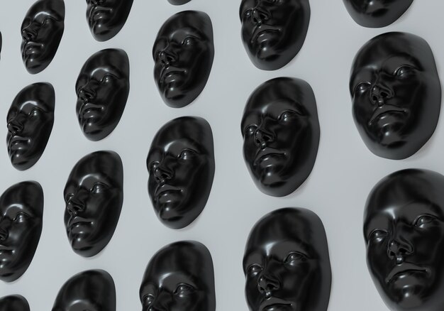 Surreal 3d illustration of multiple faces in a wall crowd of\
people and social issues concept