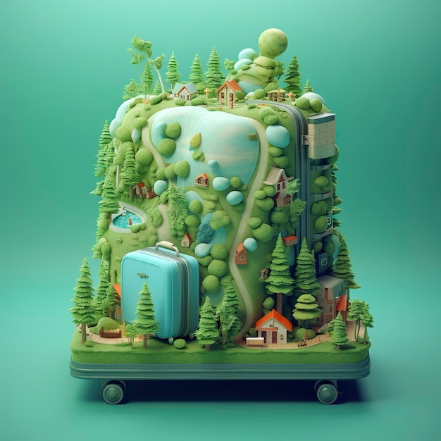 Surreal 3D Landscape Illustration of a Forest River with Luggage in Light Green and Light Blue AI Generative
