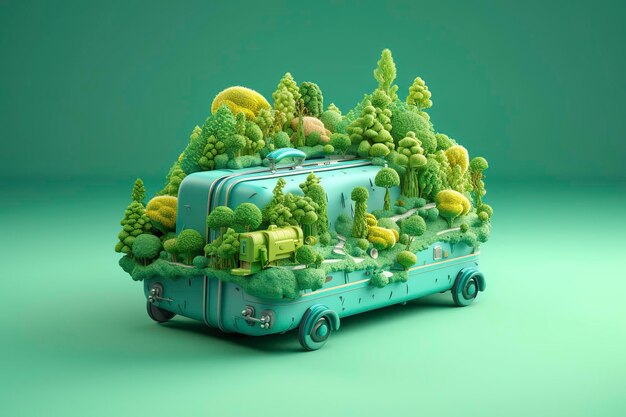 Surreal 3D Landscape Illustration of a Forest River with Luggage in Light Green and Light Blue AI Generative