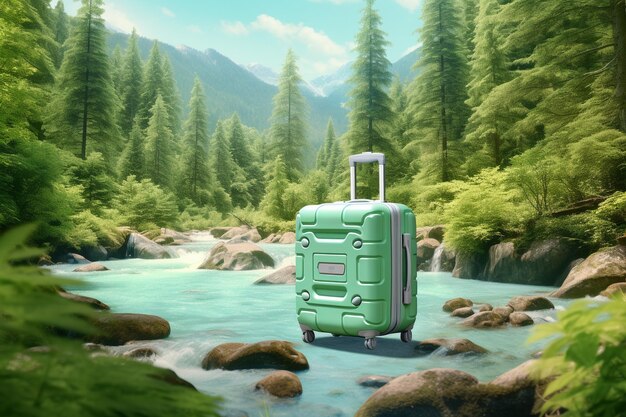 Surreal 3D Landscape Illustration of a Forest River with Luggage in Light Green and Light Blue