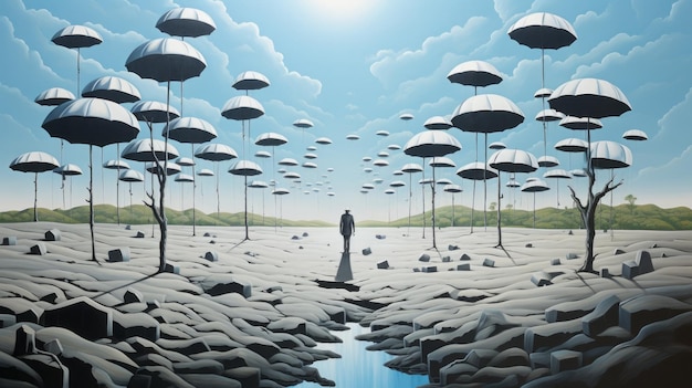 Surreal 3d Landscape Man Standing Under Umbrellas Monochrome Canvas